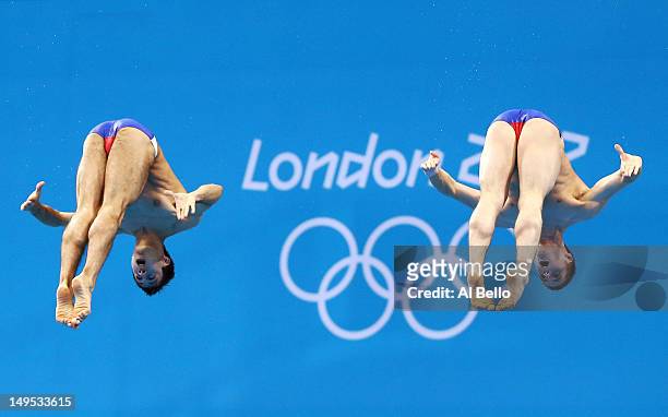 Nicholas Mccrory and David Boudia of the United States compete during the Men's Synchronised 10m Platform Diving on Day 3 of the London 2012 Olympic...