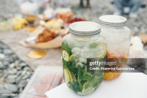 two cans of orange and mint lemonade - picnic blanket stock pictures, royalty-free photos & images