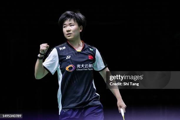 He Bingjiao of China reacts in the Women's Singles Quarter Finals match against Pornpawee Chochuwong of Thailand during day four of the Thailand Open...