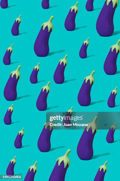 pattern of fake eggplants of different sizes - aubergine emoji stock pictures, royalty-free photos & images