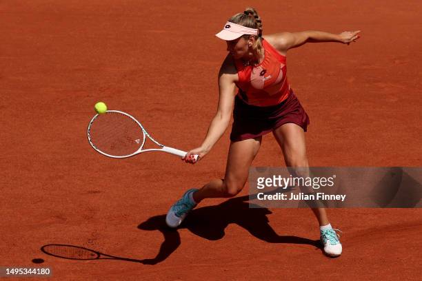 Elise Mertens of Belgium plays a forehand against Jessica Pegula of United States during the Women's Singles Third Round match on Day Six of the 2023...