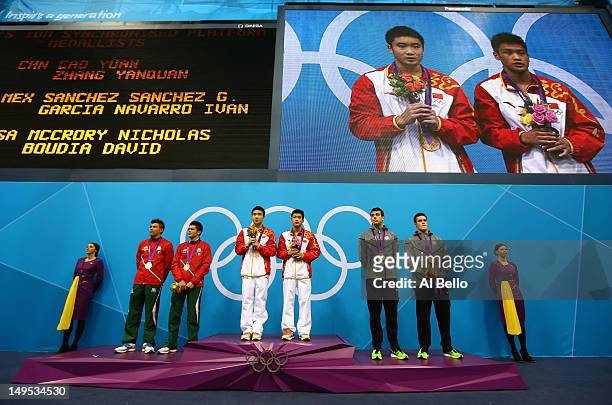 Silver medalists German Sanchez Sanchez and Ivan Garcia Navarro of Mexico, gold medalists Yuan Cao and Yanquan Zhang of China and bronze medalists...