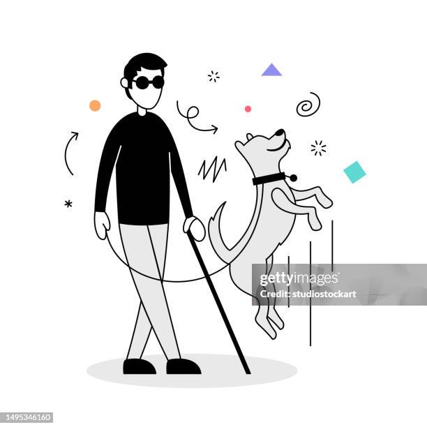 ilustrações de stock, clip art, desenhos animados e ícones de man walking with guide dog in park - cegueira