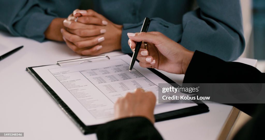 Signature, contract and deal with hands of business people for partnership, meeting and onboarding recruitment. Paperwork, consulting and application with closeup of employees in office for documents