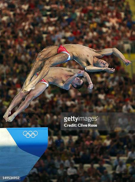 Nicholas McCrory and David Boudia of the United States compete during the Men's Synchronised 10m Platform Diving on Day 3 of the London 2012 Olympic...