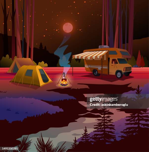 stockillustraties, clipart, cartoons en iconen met holiday night camp tent and motor home - campfire