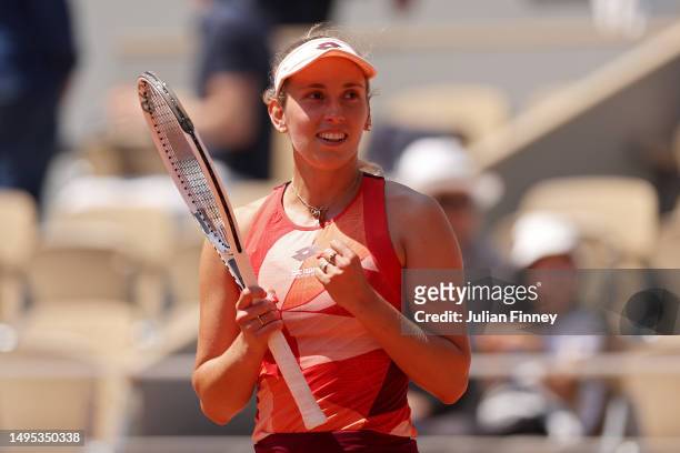 Elise Mertens of Belgium smiles after winning match point Jessica Pegula of United States during the Women's Singles Third Round match on Day Six of...
