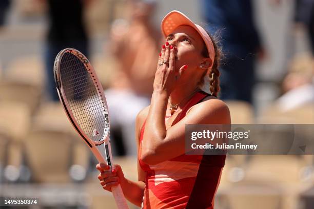 Elise Mertens of Belgium celebrates after winning match point Jessica Pegula of United States during the Women's Singles Third Round match on Day Six...
