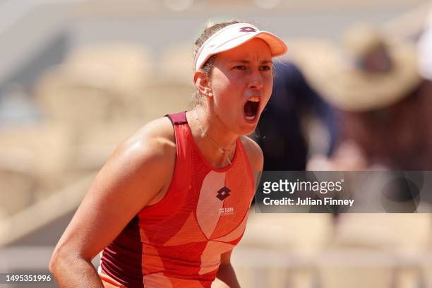 Elise Mertens of Belgium celebrates a point Jessica Pegula of United States during the Women's Singles Third Round match on Day Six of the 2023...