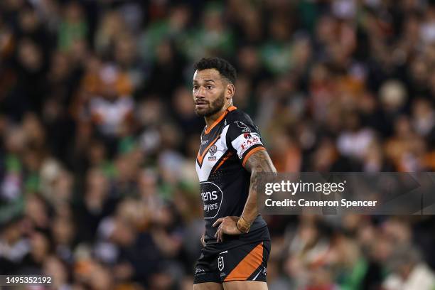 Apisai Koroisau of the Wests Tigers looks on during the round 14 NRL match between Wests Tigers and Canberra Raiders at Campbelltown Stadium on June...