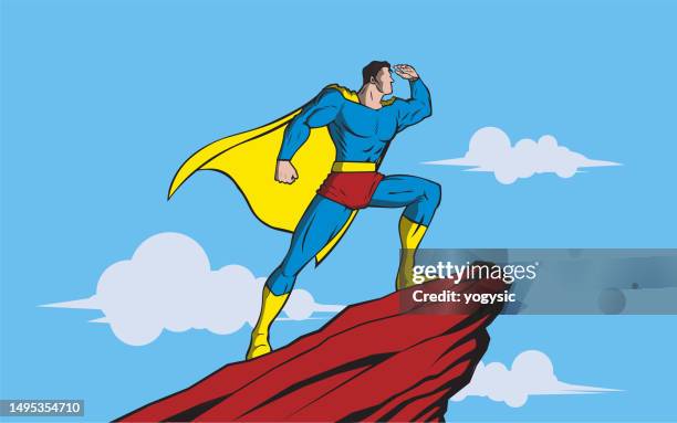 stockillustraties, clipart, cartoons en iconen met vector retro pop art style superhero looking at far away stock illustration - superheld