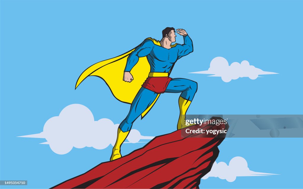 Vector Retro Pop Art Style Superhero Looking at Far Away Stock Illustration