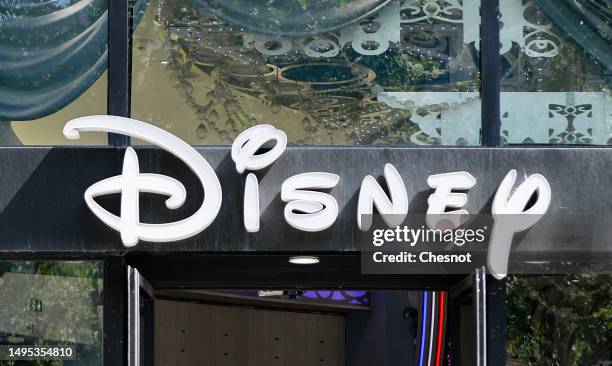 The Disney logo is displayed on the facade of the Disney Store on the Avenue des Champs-Elysees on June 02, 2023 in Paris, France. After nearly 30...