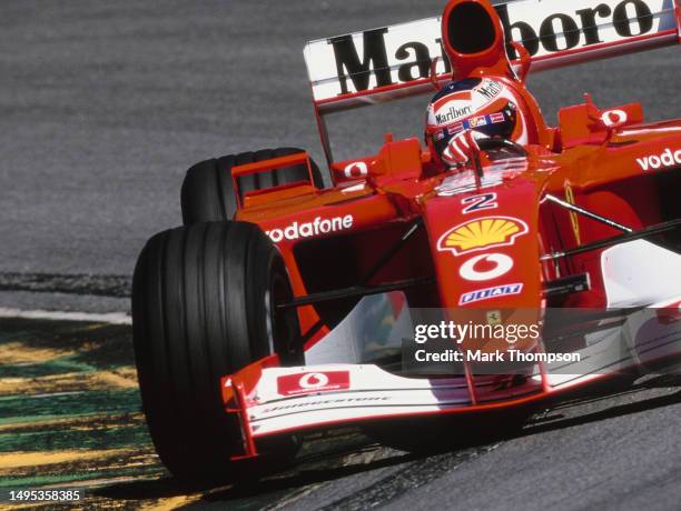 Rubens Barrichello from Brazil drives the Scuderia Ferrari Marlboro Ferrari F2002 Ferrari V10 during the Formula One Brazilian Grand Prix on 31st...