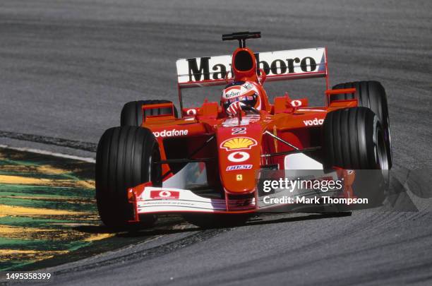 Rubens Barrichello from Brazil drives the Scuderia Ferrari Marlboro Ferrari F2002 Ferrari V10 during the Formula One Brazilian Grand Prix on 31st...