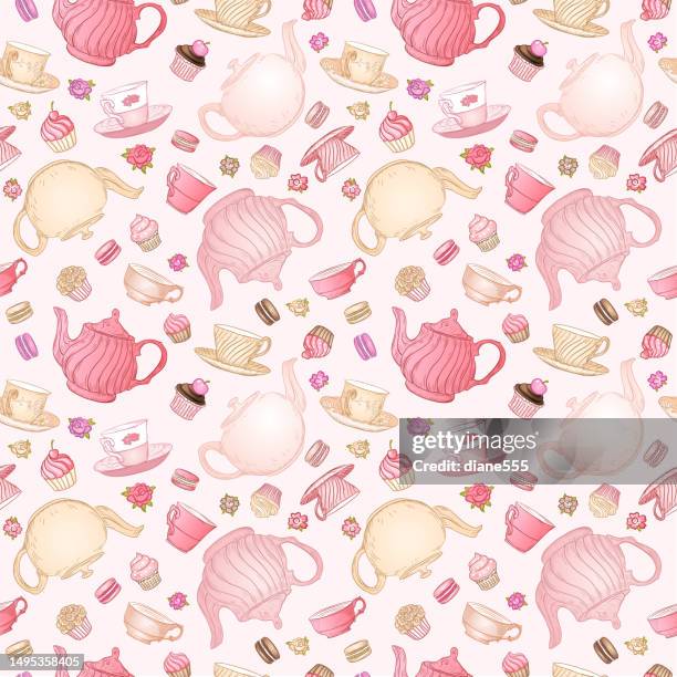 pretty tea party seamless pattern in shades of pink - tea party stock illustrations