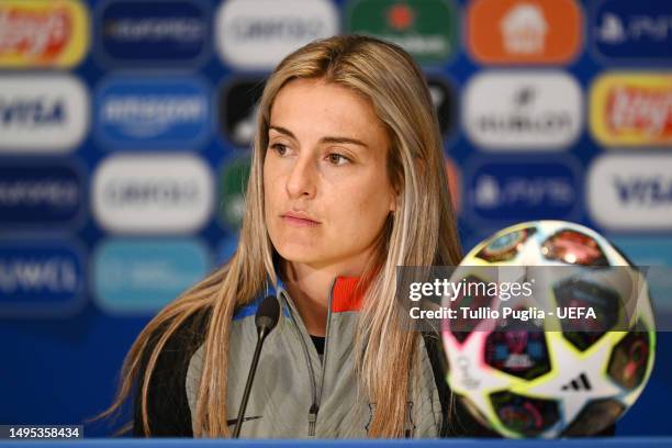 Alexia Putellas of FC Barcelona speaks to the media in a press conference, ahead of a training session, prior to the UEFA Women's Champions League...