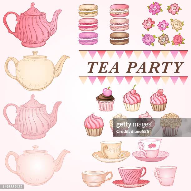 tea party invitation elements - teapot stock illustrations
