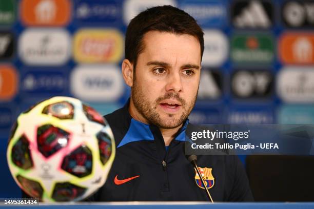 Jonatan Giraldez, Head Coach of FC Barcelona, speaks to the media a press conference, ahead of a training session, prior to the UEFA Women's...