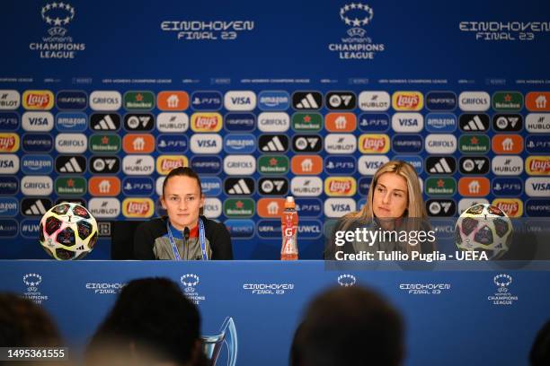 Caroline Graham Hansen and Alexia Putellas of FC Barcelona speak to the media in a press conference, ahead of a training session, prior to the UEFA...