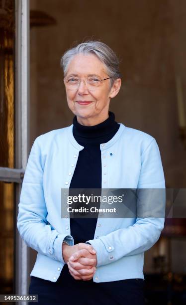 French Prime Minister Elisabeth Borne stands after a meeting with Prime Minister of the Republic of the Congo Anatole Collinet Makosso at the Hotel...