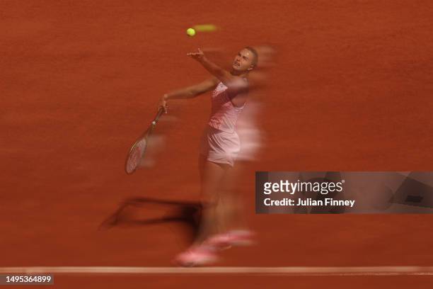 Aryna Sabalenka serves against Kamilla Rakhimova during the Women's Singles Third Round match on Day Six of the 2023 French Open at Roland Garros on...