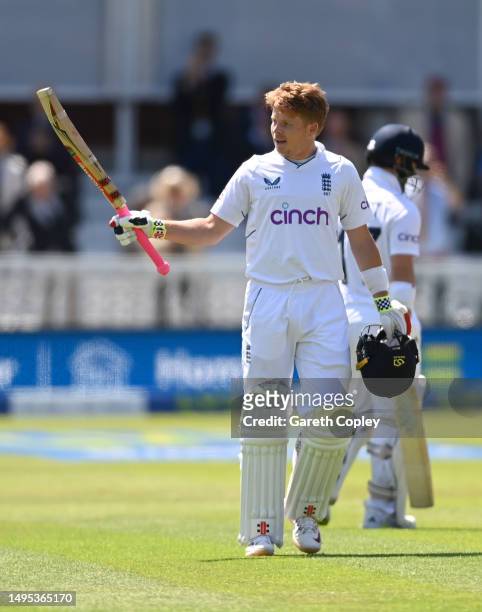 Ollie Pope of England celebrates reaching his century during day two of the LV= Insurance Test Match between England and Ireland at Lord's Cricket...