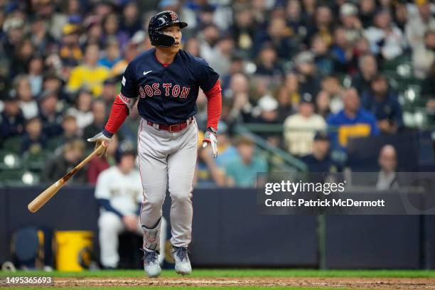 Masataka Yoshida of the Boston Red Sox hits a solo home run in the eighth inning against the Milwaukee Brewers at American Family Field on April 23,...