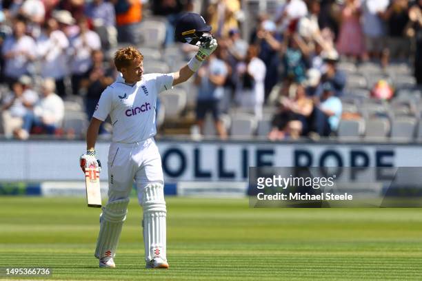 Ollie Pope of England celebrates reaching his century during day two of the LV= Insurance Test Match between England and Ireland at Lord's Cricket...
