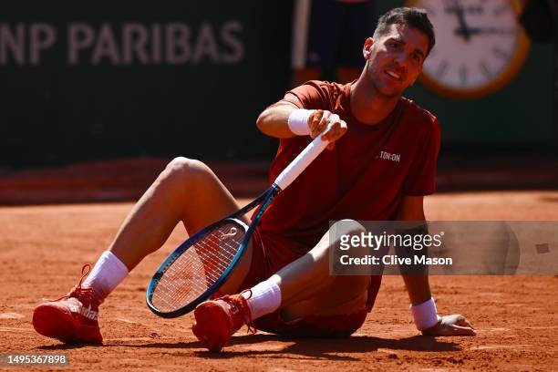 Thanasi Kokkinakis of Australia reacts after defeat against Karen Khachanov in the Men's Singles Third Round match on Day Six of the 2023 French Open...