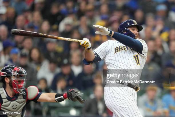 Rowdy Tellez of the Milwaukee Brewers bats against the Boston Red Sox in the seventh inning at American Family Field on April 23, 2023 in Milwaukee,...