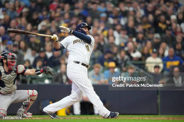 Rowdy Tellez of the Milwaukee Brewers bats against the Boston Red Sox in the seventh inning at American Family Field on April 23, 2023 in Milwaukee,...