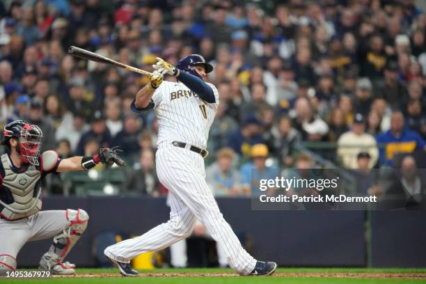 Rowdy Tellez of the Milwaukee Brewers bats against the Boston Red Sox in the seventh inning at American Family Field on April 23, 2023 in Milwaukee,...