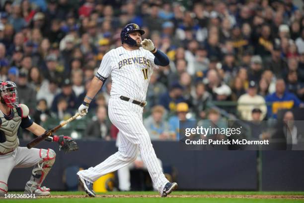 Rowdy Tellez of the Milwaukee Brewers bats against the Boston Red Sox in the seventh inning at American Family Field on April 23, 2023 in Milwaukee,...