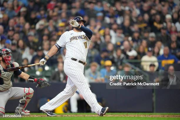 Rowdy Tellez of the Milwaukee Brewers bats against the Boston Red Sox in the seventh inning at American Family Field on April 23, 2023 in Milwaukee,...