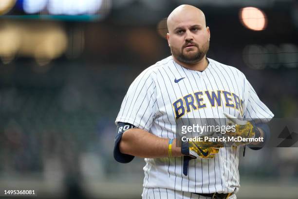 Rowdy Tellez of the Milwaukee Brewers looks on against the Boston Red Sox after the seventh inning at American Family Field on April 23, 2023 in...