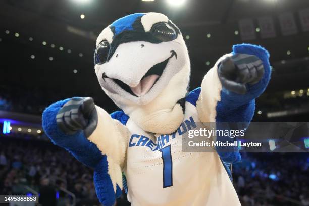 The Creighton Bluejays mascot on the floor during the Quarterfinal round of the Big East Basketball Tournament against the Villanova Wildcats at...