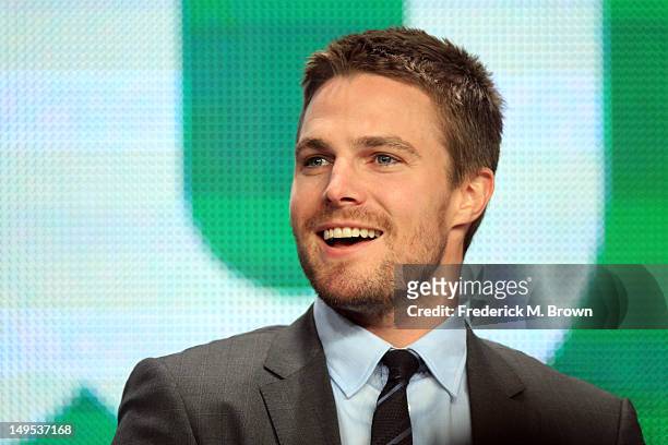 Actor Stephen Amell speaks at the "Arrow" discussion panel during the CW portion of the 2012 Summer Television Critics Association tour at the...