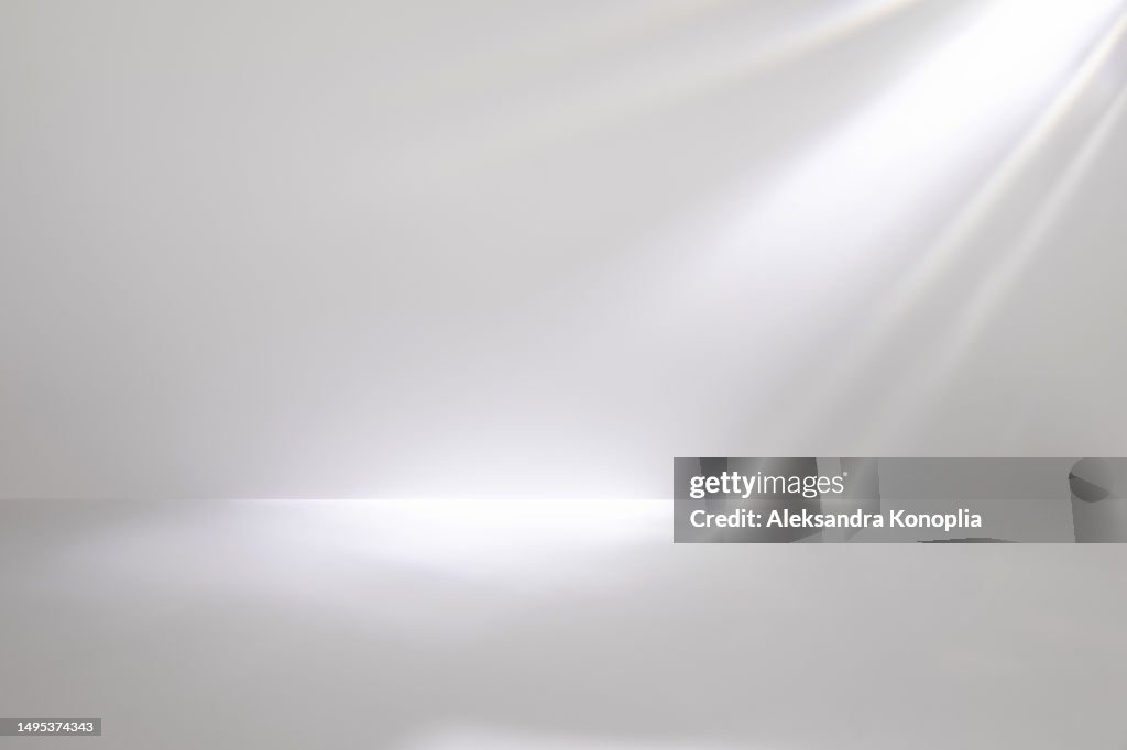 Minimal empty black and white 3d room background with natural shadows. Modern Studio showcase with caustic effect, crystal reflections. Stage with magic disco spotlights.