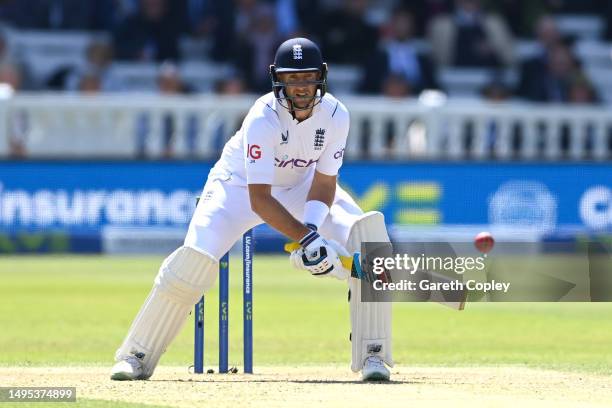 Joe Root of England looks to reverse scoop Graham Hume f Ireland during day two of the LV= Insurance Test Match between England and Ireland at Lord's...