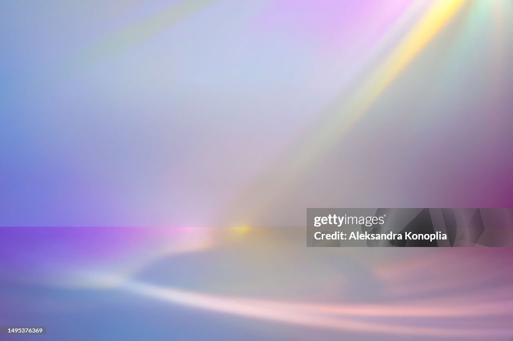 Empty pastel neon colored scene - abstract studio room, 3d stage background with rainbow light refraction, laser light effects, front view, copy space