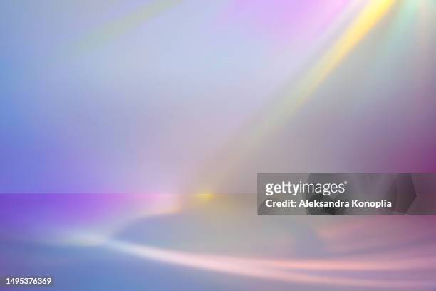 empty pastel neon colored scene - abstract studio room, 3d stage background with rainbow light refraction, laser light effects, front view, copy space - kulisse stock-fotos und bilder