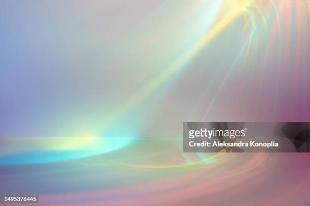 abstract studio room with neon rainbow colored laser light refraction effect. empty 3d stage background with natural light sparkles and shadows. front view, copy space. - backdrop imagens e fotografias de stock