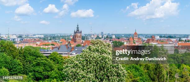 panoramic view of gdansk old town with st. catherine's church and st. john's church. - pomorskie province stock pictures, royalty-free photos & images