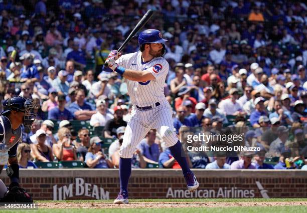 Dansby Swanson of the Chicago Cubs bats against the Tampa Bay Rays at Wrigley Field on May 31, 2023 in Chicago, Illinois.