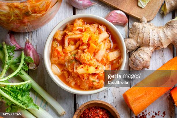 kimchee casero y tarro de vidrio - kimchi fotografías e imágenes de stock