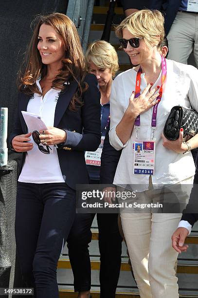 Catherine, Duchess of Cambridge with Carole Annett at the Eventing Cross Country Equestrian event on Day 3 of the London 2012 Olympic Games at...