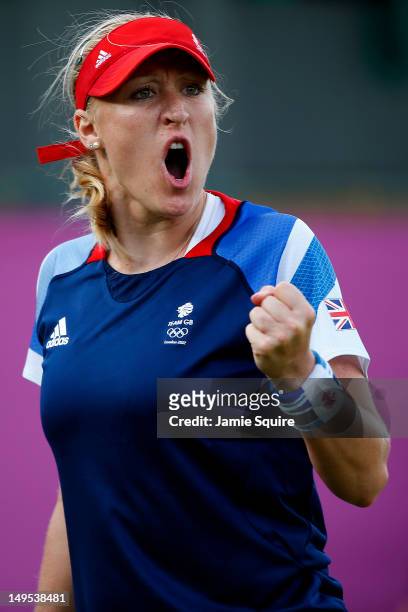 Elena Baltacha of Great Britain celebrates a point during the Women's Singles Tennis match against Ana Ivanovic of Serbia on Day 3 of the London 2012...