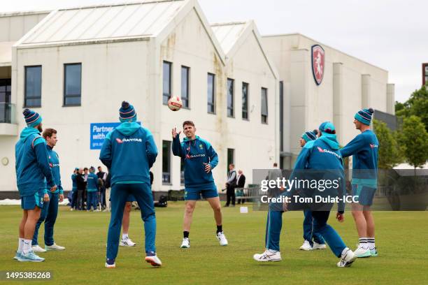 Players of Australia warm up during Australia training prior to the ICC World Test Championship Final 2023 at The County Ground on June 02, 2023 in...