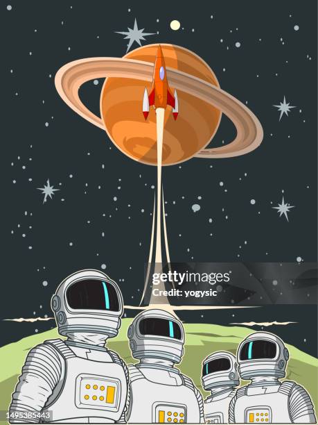 stockillustraties, clipart, cartoons en iconen met retro astronaut team in space poster stock illustration - et poster